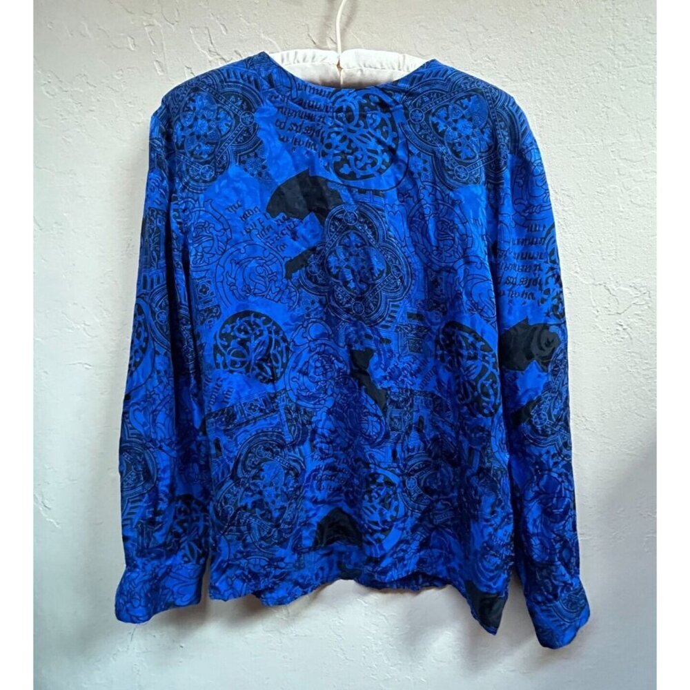 Vintage Jones New York Womens Sz 8 Oriental Pattern Silk Blouse Blue Long Sleeve